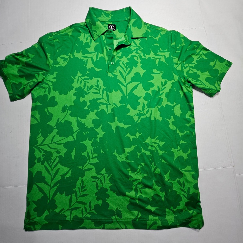 U‎ Suck At Golf Mens XL Green Shamrock Floral Performance Polo Shirt St Patricks